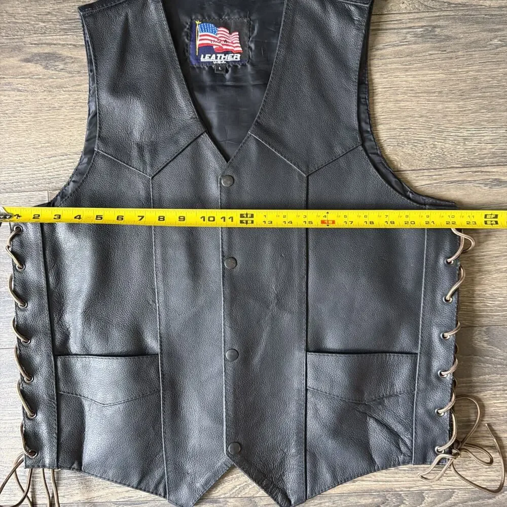 Vintage Leather USA Sz L Black Leather Biker Vest Motorcycle Lace Up Western